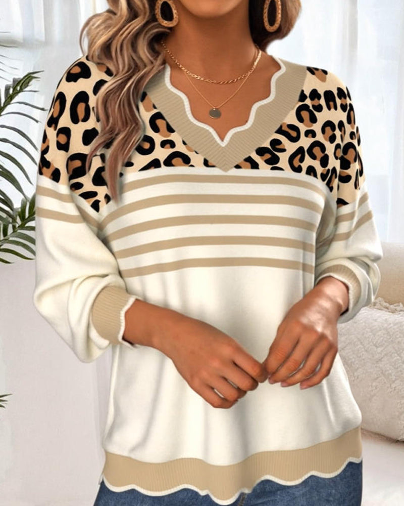 Women's V-Neck Sweater with Leopard Print and Stripe Contrast