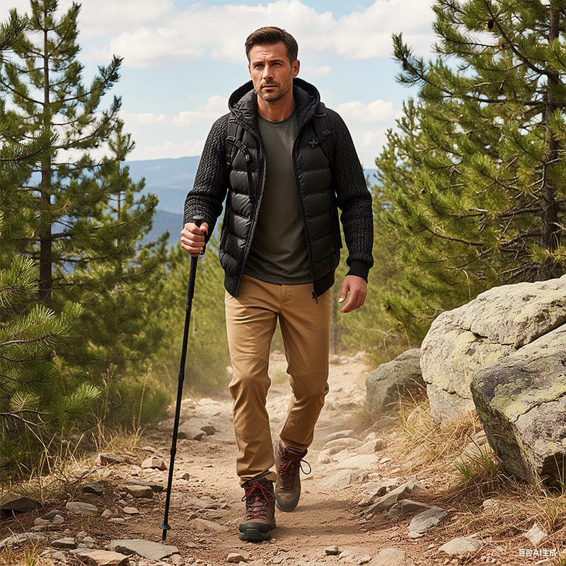 Men's Windproof Quilted Jacket with Knit Sleeves and Down Insulation