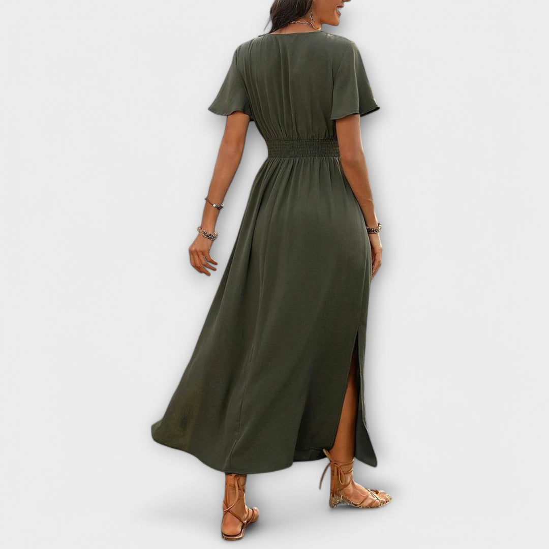 Elegant Women's Boho Dress with V-Neck and Long Sleeves