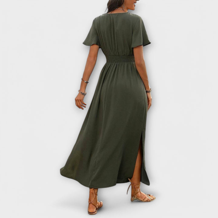Elegant Women's Boho Dress with V-Neck and Long Sleeves