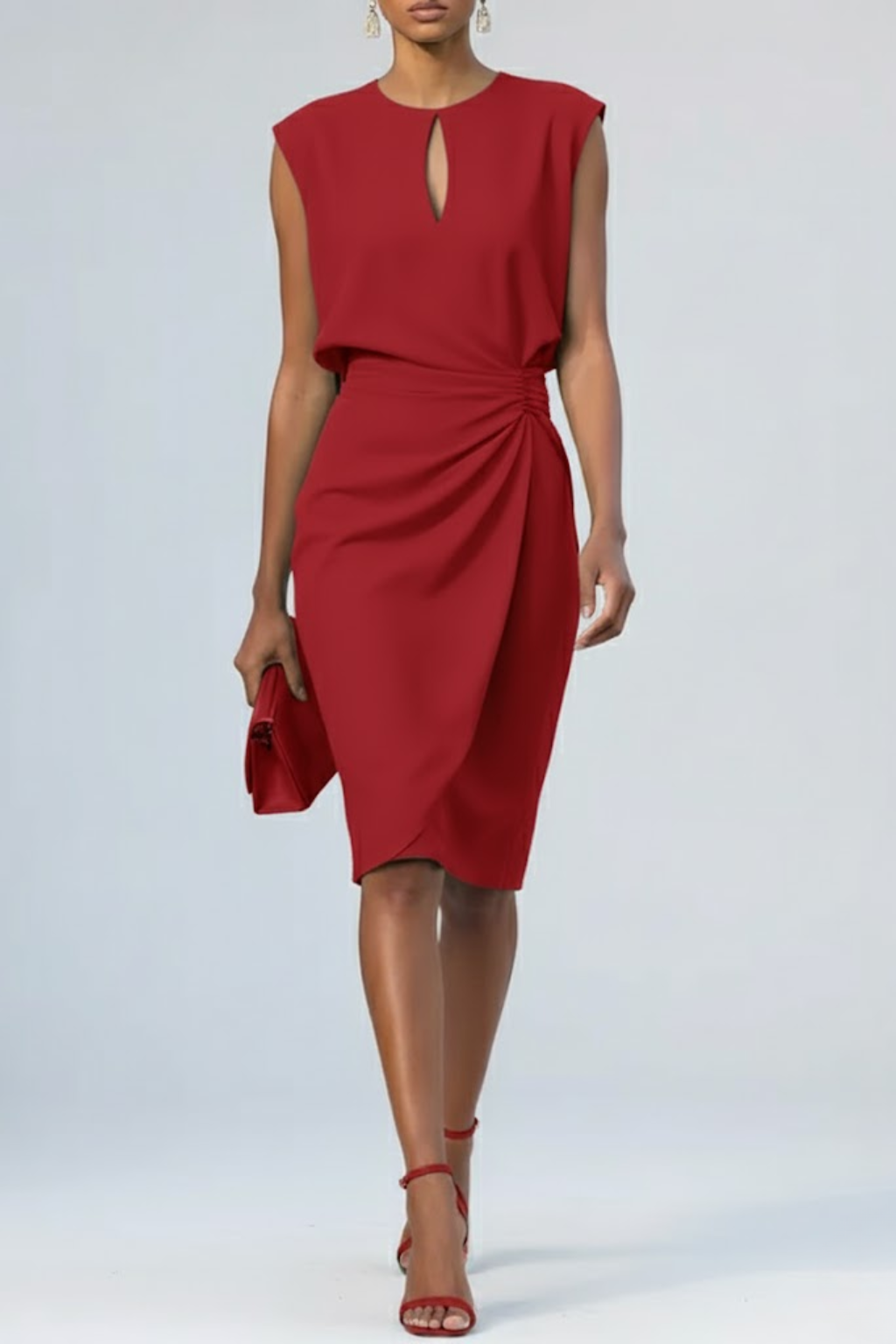 Elegant Ruched Women's Midi Dress with Keyhole Neckline