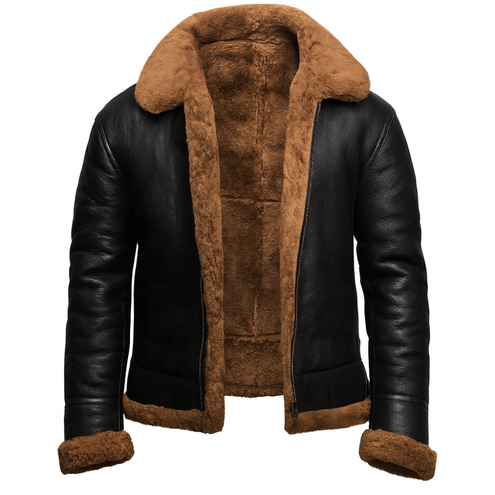 Men's Aviator Leather Jacket with Sherpa Lining - Warm Pilot Jacket in PU Leather