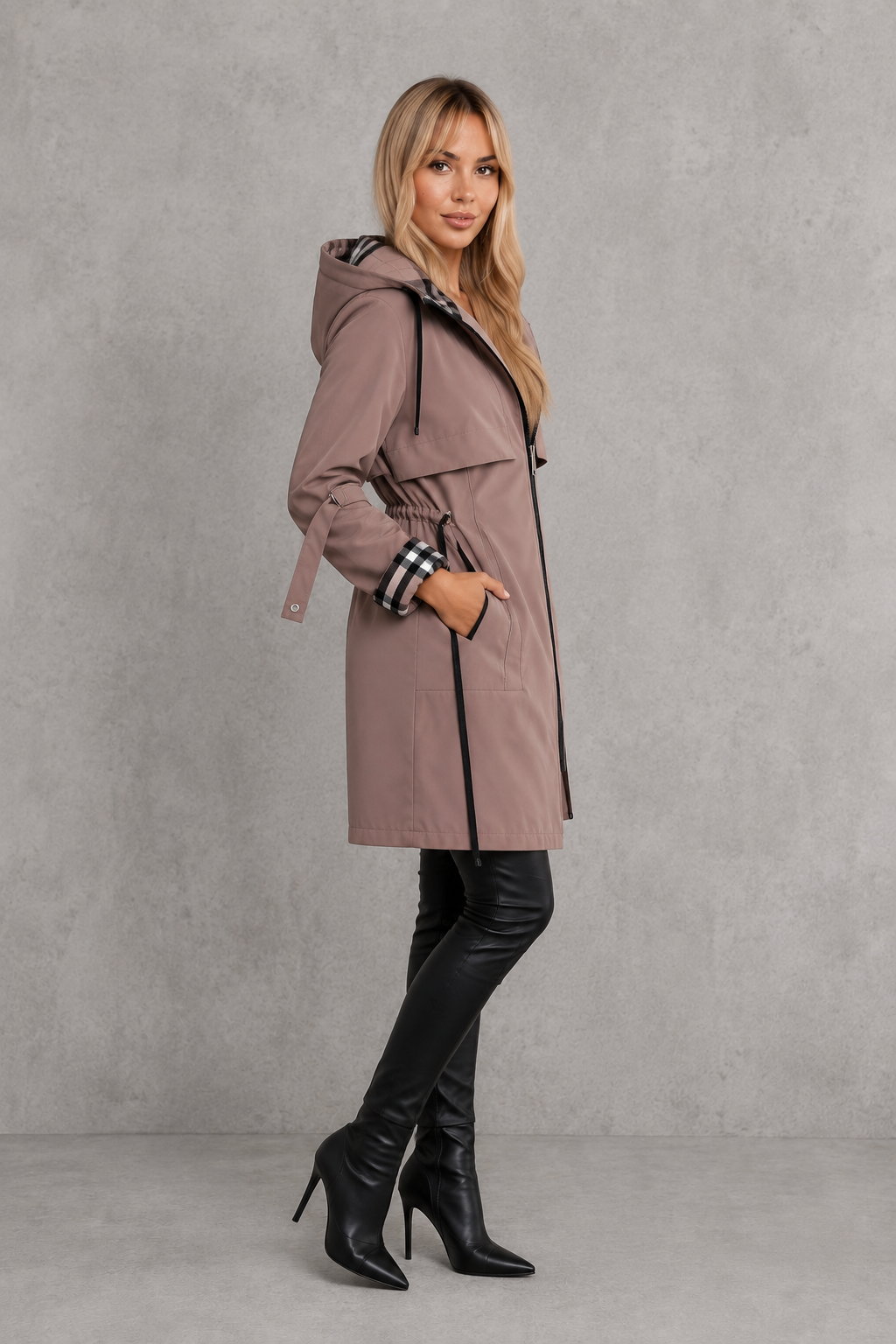 Waterproof Hooded Women's Jacket with Check Trim