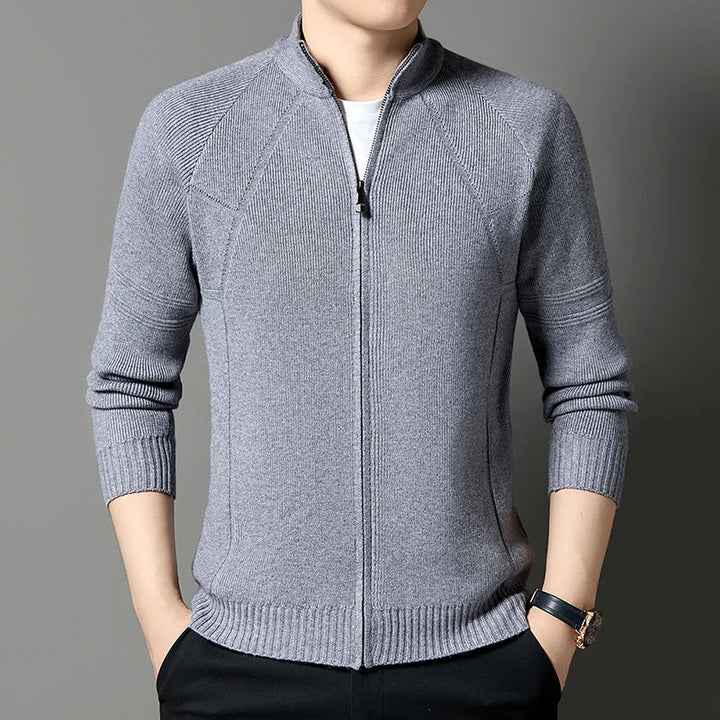 Men's Knitted Cardigan with Stand Collar - Full Zip and Wool Blend