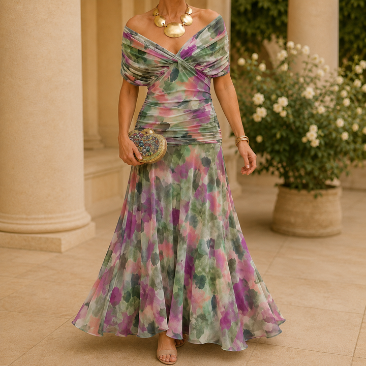 Ada Draped Maxi Dress - Green And Purple