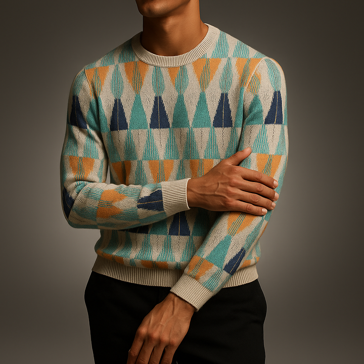 Men's Textured Pullover with Geometric Lines - Lightweight Knit