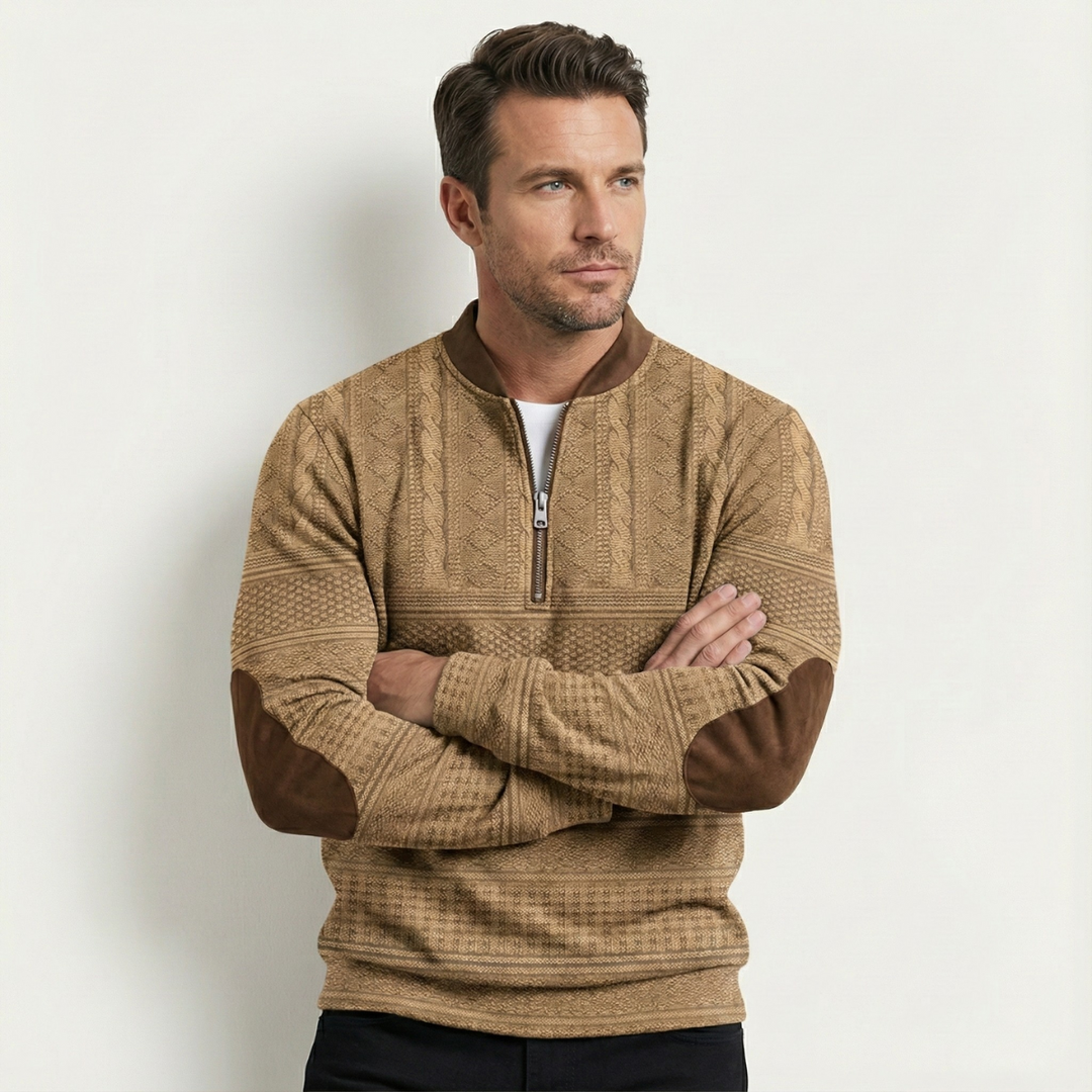 Stylish Casual Men's Half Zip Sweater with Elbow Patches