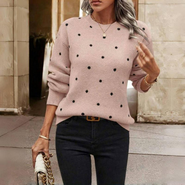 Women's Polka Dot Knit Sweater with Round Neckline