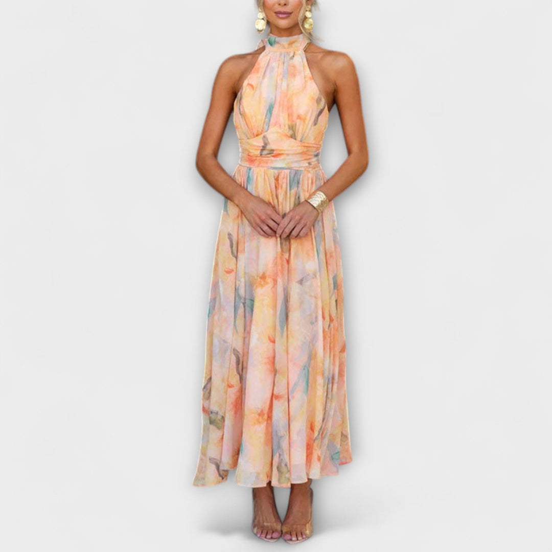Elegant Women's Maxi Dress with Watercolor Print - Halter Neck Summer Dress