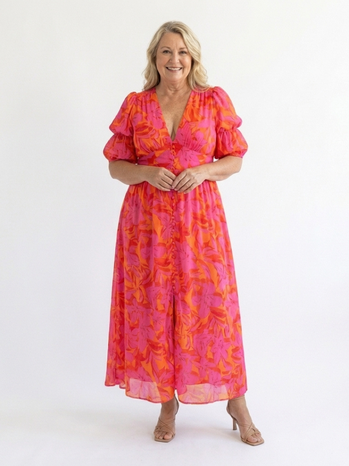 Elegant Floral Women's V-Neck Puff Sleeve Midi Dress