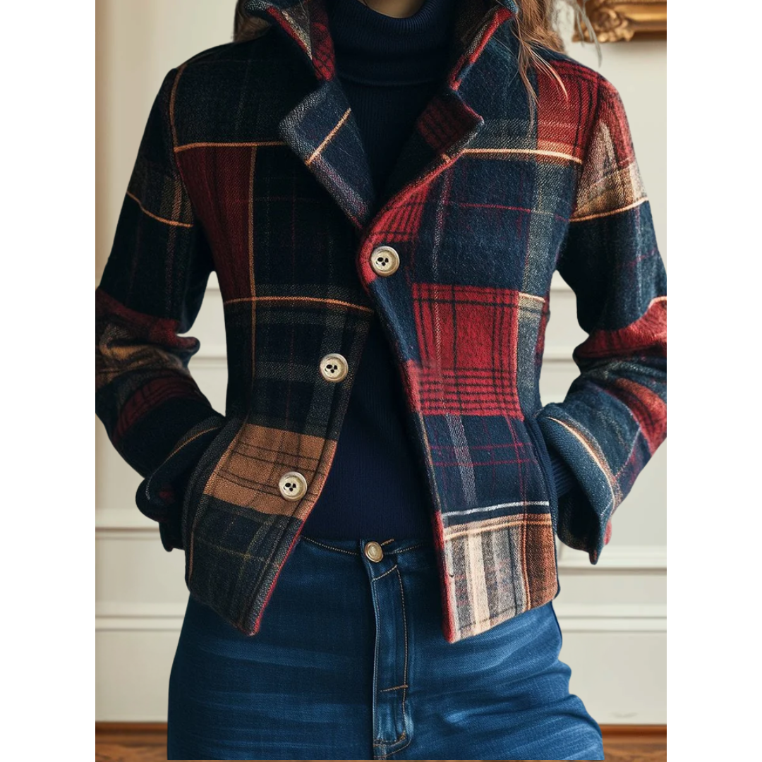 Classic Women's Plaid Stand-Collar Jacket - Timeless Elegance