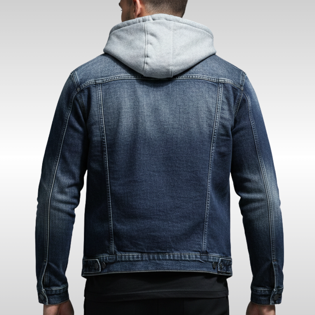 Men's Lined Denim Jacket with Removable Hood for Winter