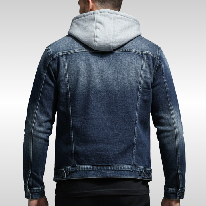 Men's Lined Denim Jacket with Removable Hood for Winter
