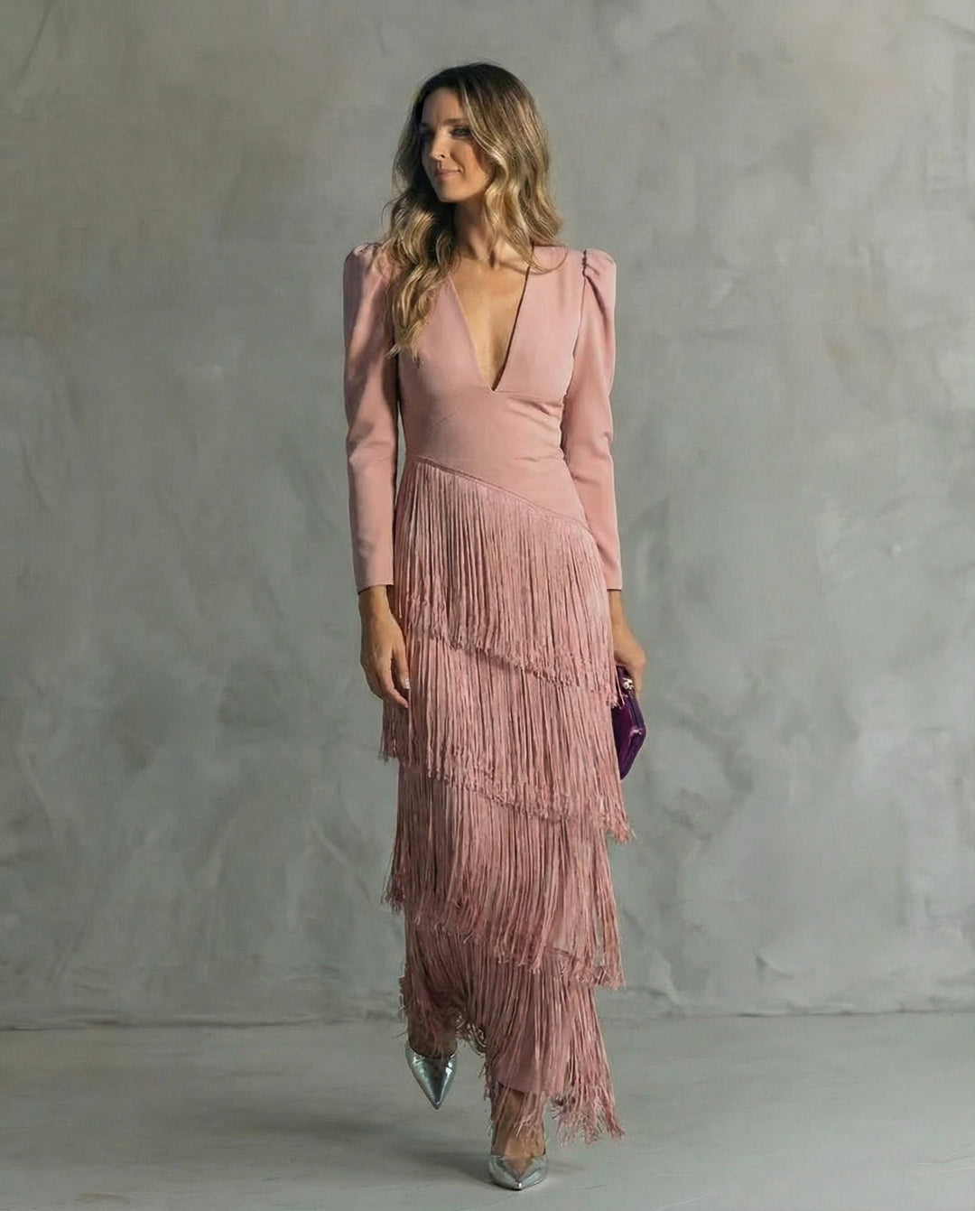 Elegant Fringe Sleeve Women Midi Wedding Guest Dress