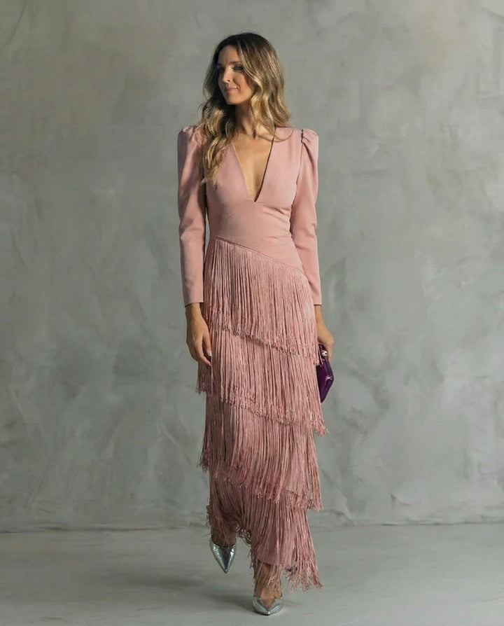 Elegant Fringe Sleeve Women Midi Wedding Guest Dress