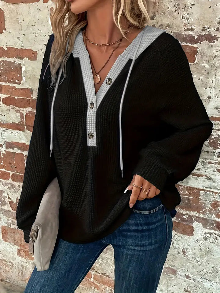 Women's Long Sleeve Hoodie with Front Buttons - Soft Waffle Knit Texture and Adjustable Hood