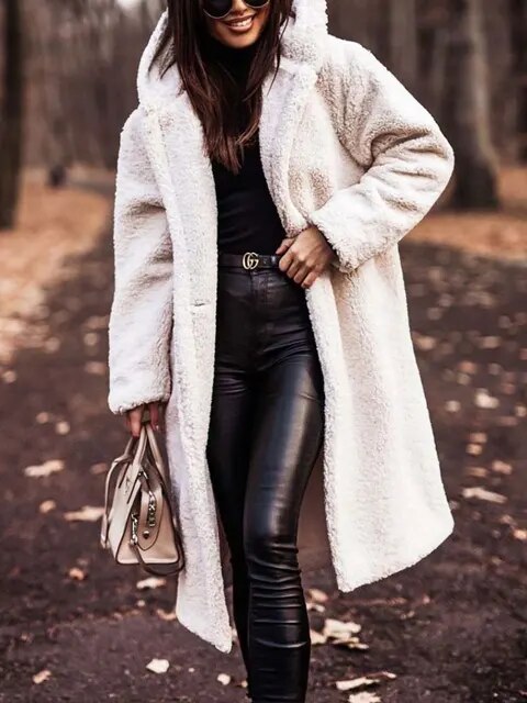 Women's Teddy Winter Coat Long with Hood - Elegant Warm Wool Coat