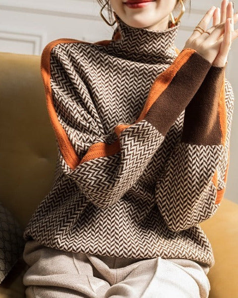 Women's Turtleneck Sweater with Geometric Pattern - Elegant Knit Pullover