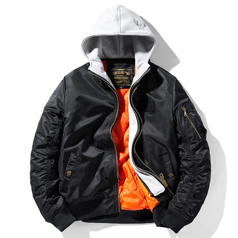 Men's Hooded Bomber Jacket - Military Style Windbreaker with Multiple Pockets