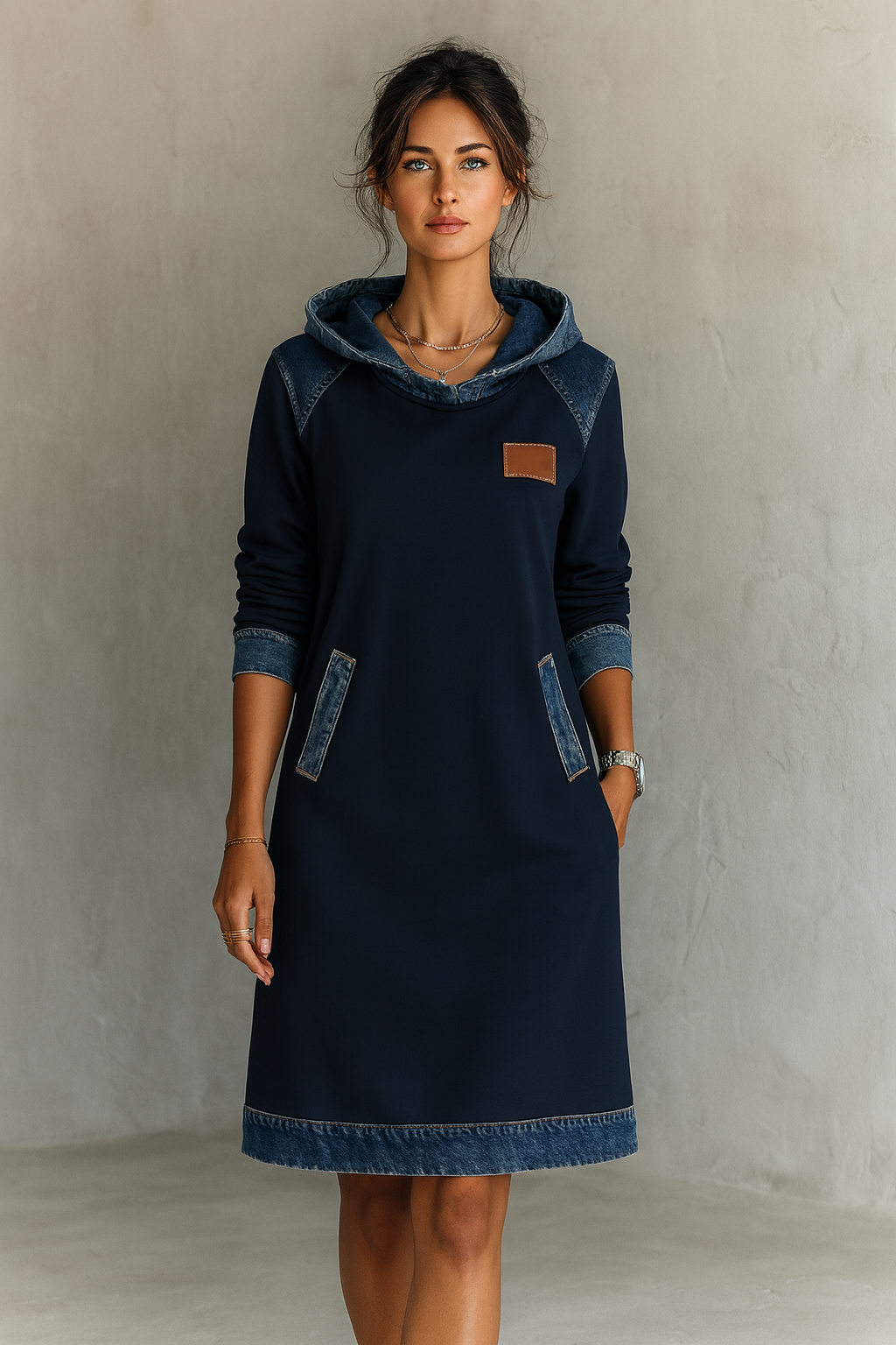 Women's Casual Hoodie Dress with Denim Inserts