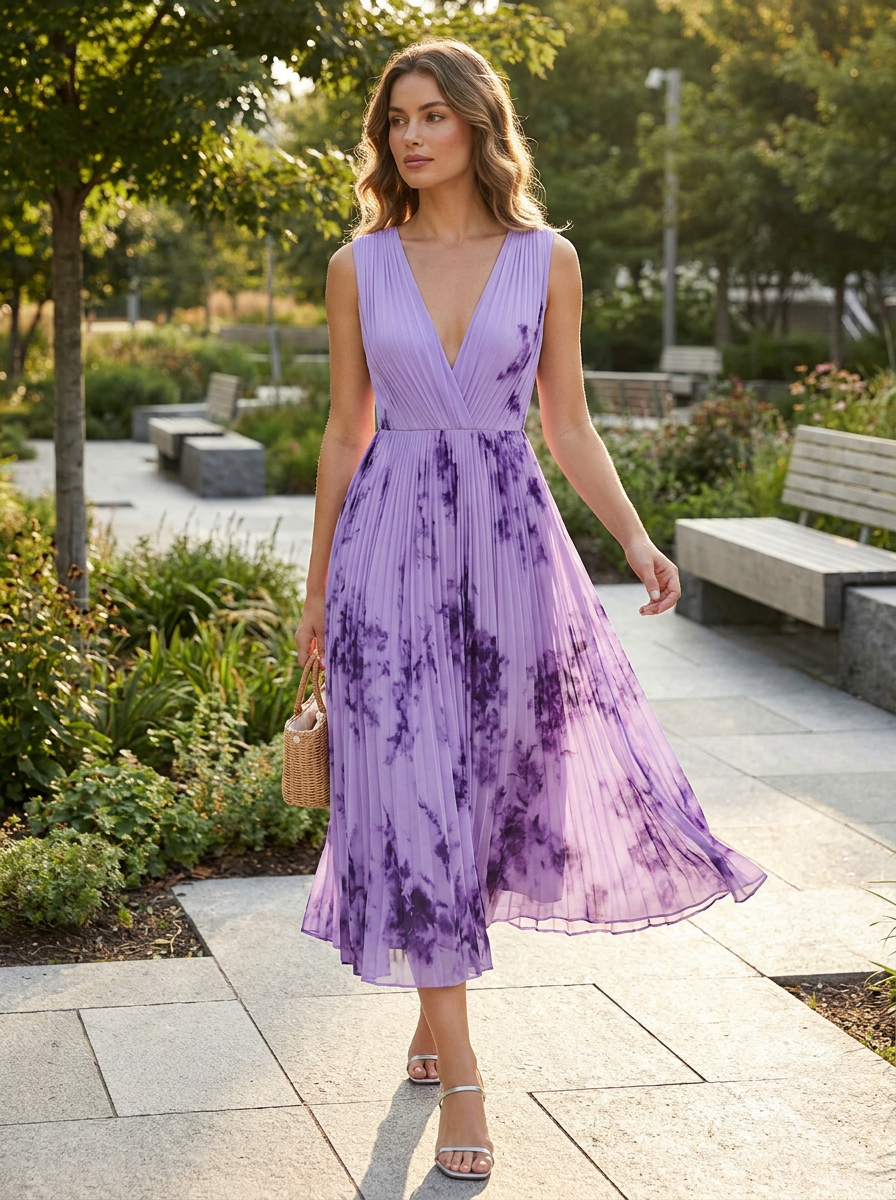 Elegant Pleated Women's Midi Dress with V-Neck