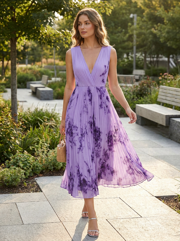 Elegant Pleated Women's Midi Dress with V-Neck