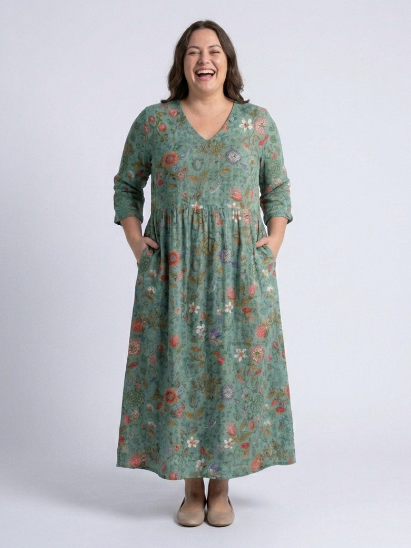 Elegant Breathable Women's Floral V-Neck Three Quarter Sleeve Maxi Dress