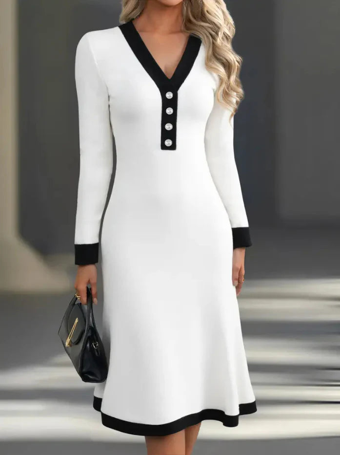 Elegant Long-Sleeve V-Neck Women's Midi Dress