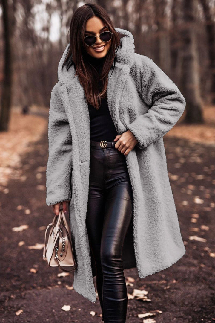 Women's Teddy Winter Coat Long with Hood - Elegant Warm Wool Coat