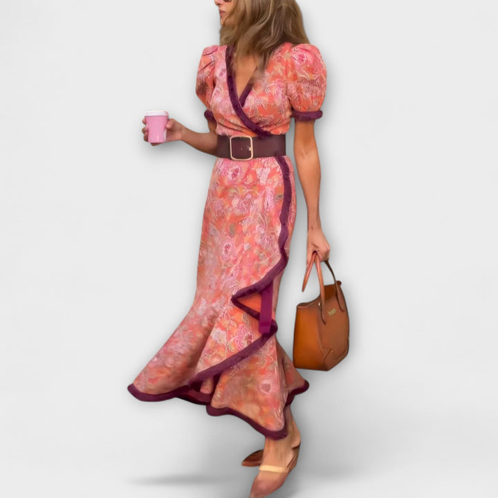 Elegant Pink Women's Maxi Dress with Short Sleeves - Flowy Fit