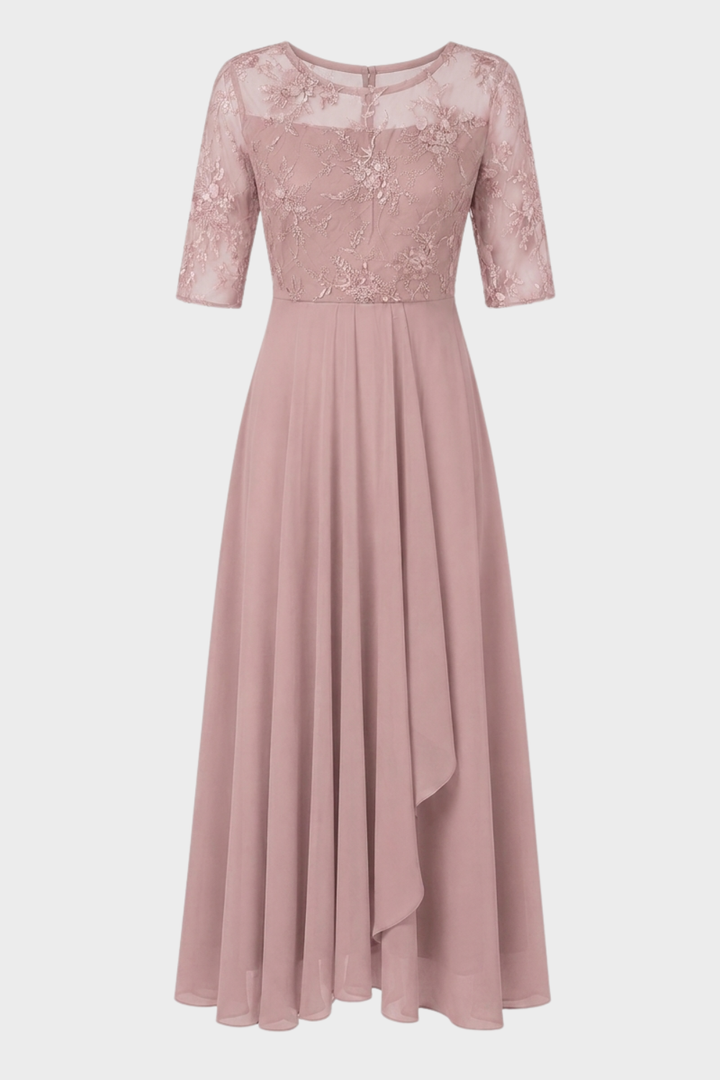 Elegant Festive Women's Chiffon Maxi Dress with Lace Bodice and 3/4 Sleeves