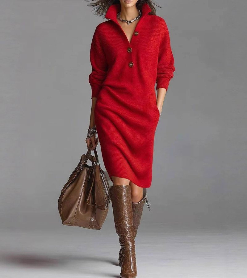 Women's Soft Knit Sweater Dress with Buttons