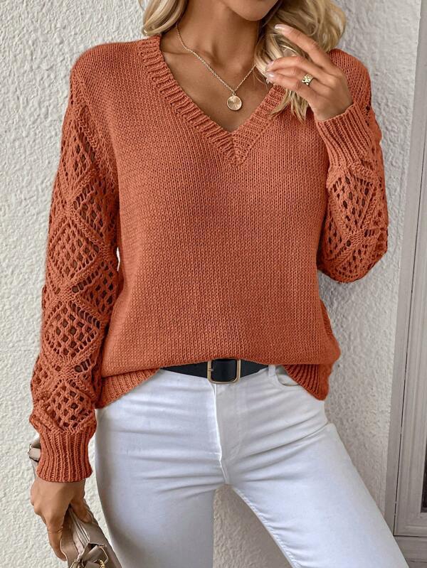 Elegant V-Neck Sweater for Women with Open Knit Sleeves