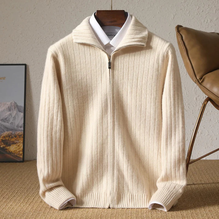 Men's Merino Wool Cardigan with Stand Collar and Zipper