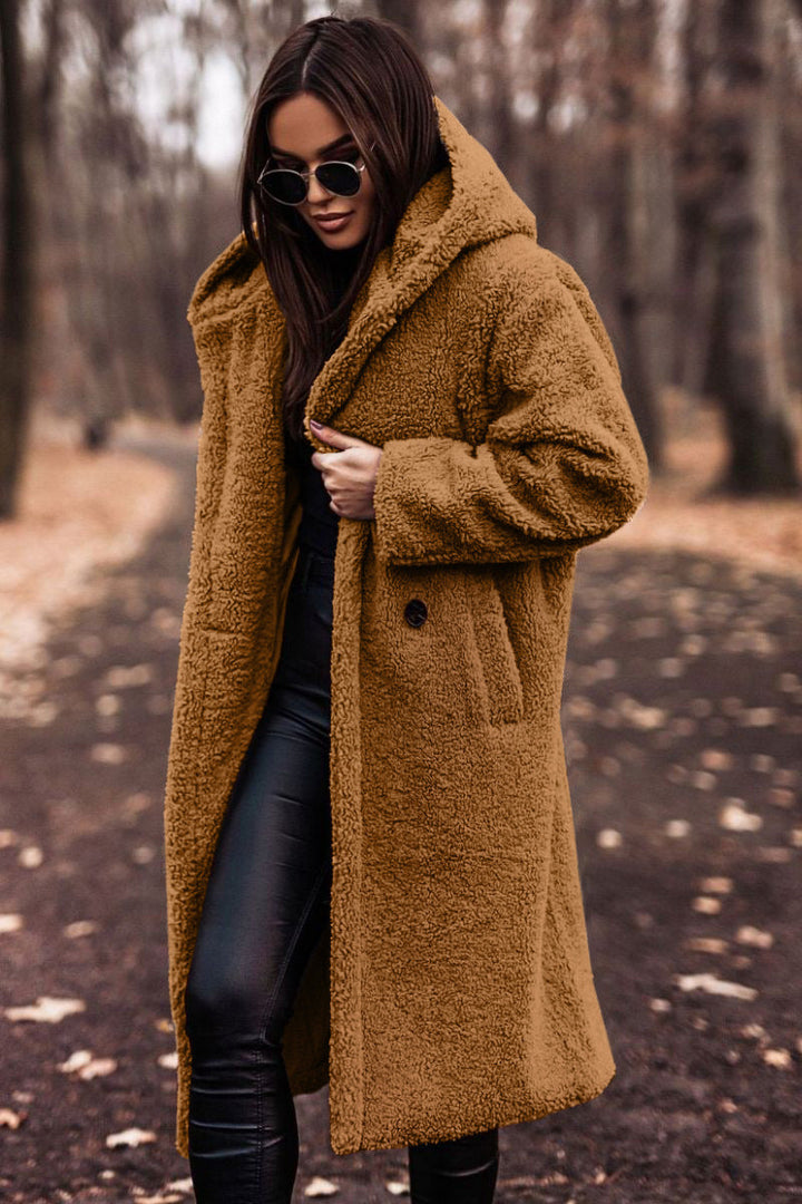 Women's Teddy Winter Coat Long with Hood - Elegant Warm Wool Coat