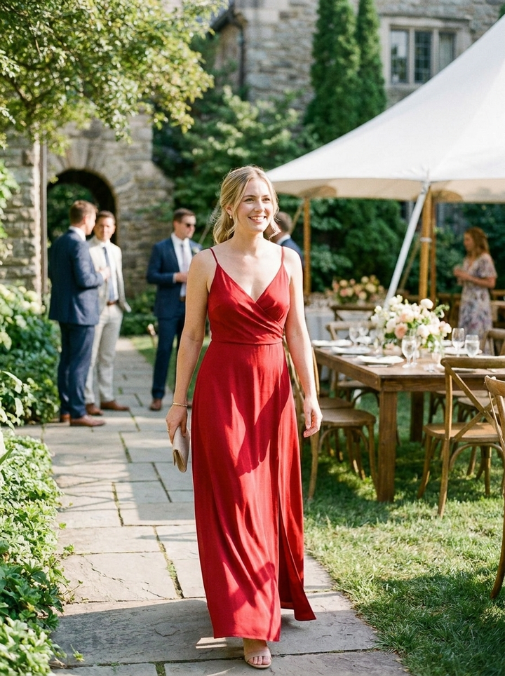 Damen Maxikleid Rot – Hochzeitsgast-Look auf Garden-Wedding im Sommer