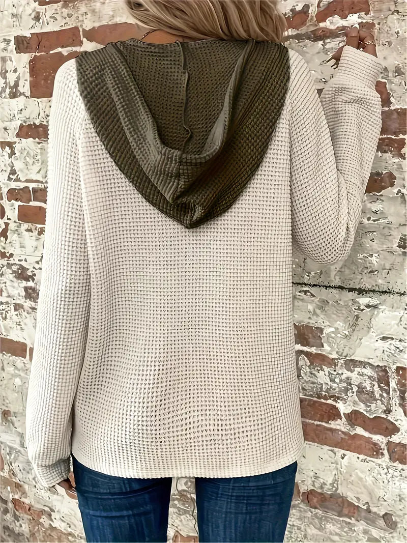 Women's Long Sleeve Hoodie with Front Buttons - Soft Waffle Knit Texture and Adjustable Hood