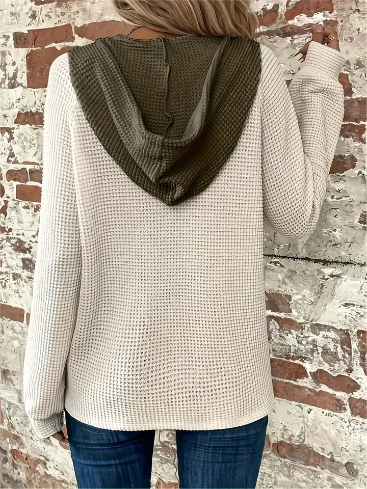 Women's Long Sleeve Hoodie with Front Buttons - Soft Waffle Knit Texture and Adjustable Hood