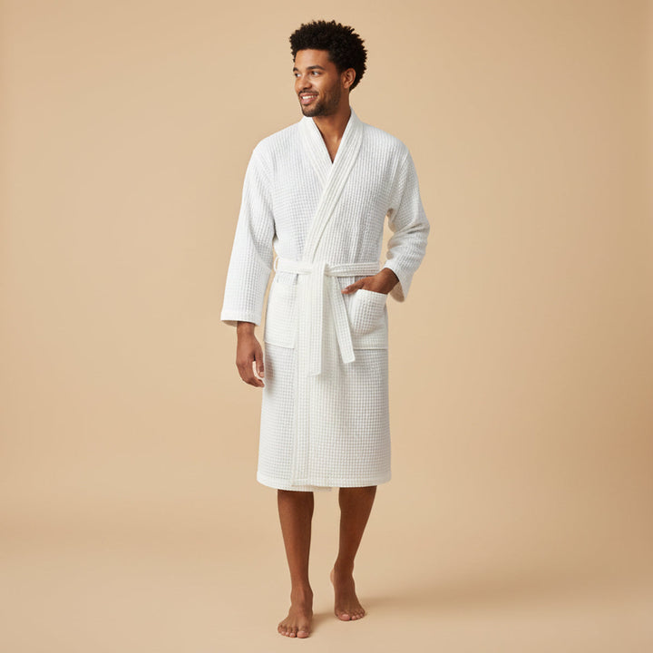 Lightweight Cotton Waffle Men's Spa Bathrobe with Belt