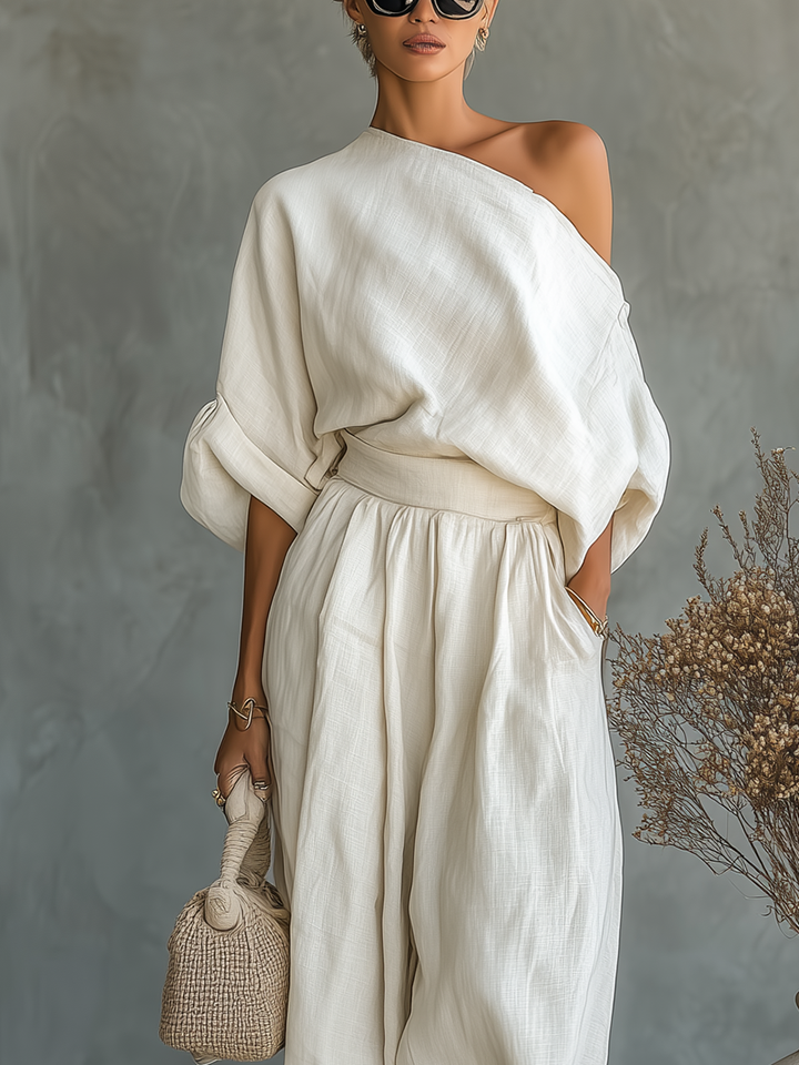 Relaxed Off-Shoulder Women's Linen Set with Tapered Pants