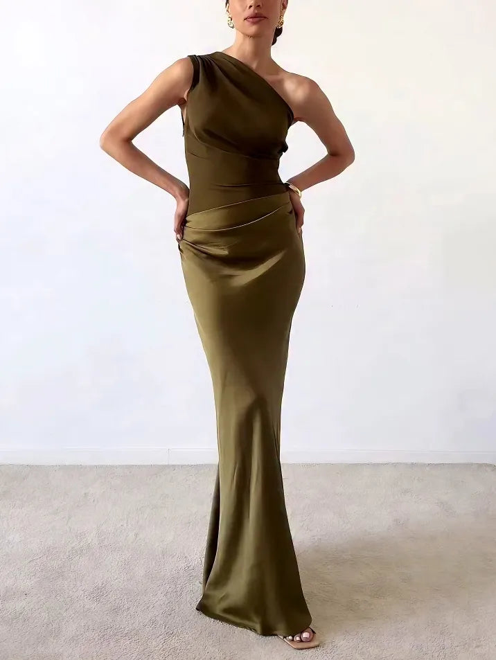 Elegant One Shoulder Pleated Women's Party Maxi Dress
