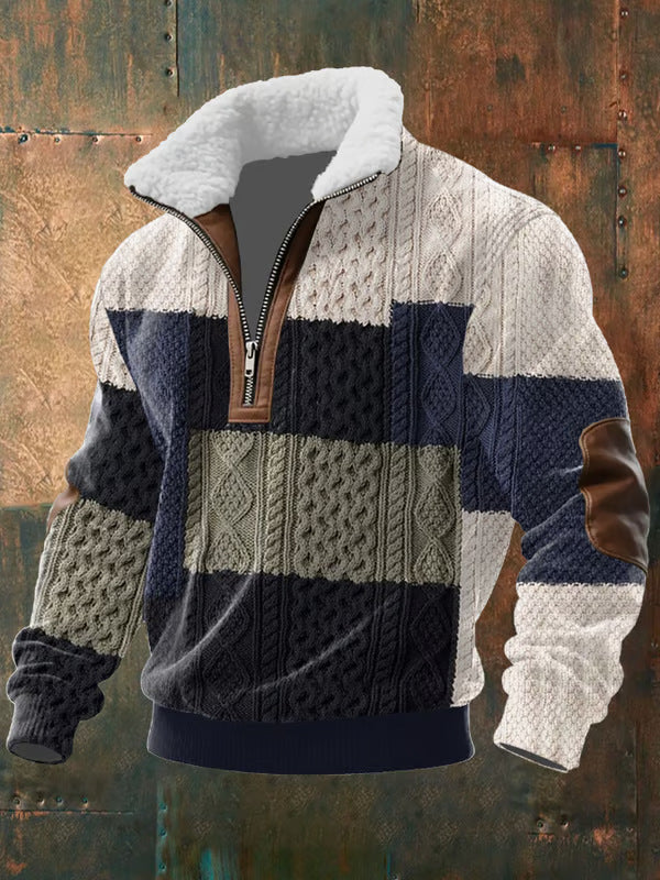 Zip-Up Sweater with High Faux Fur Collar for Men