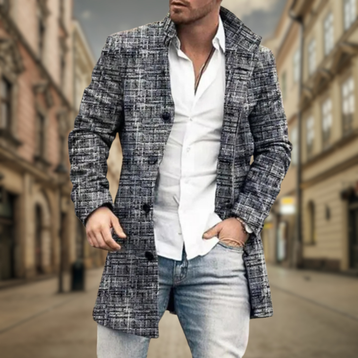 Elegant Men's Wool Coat with Plaid Pattern