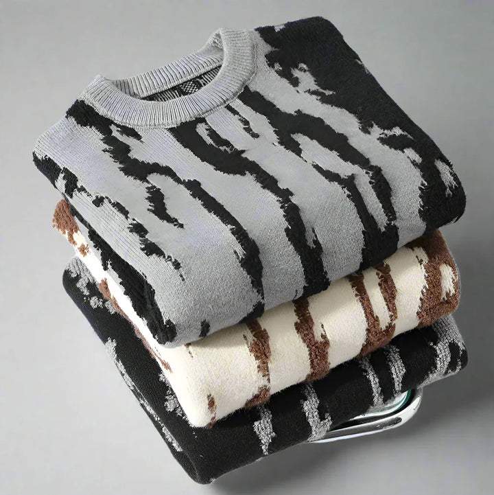 Men's Abstract Dune Pattern Knit Sweater - Crewneck Midweight Knit Pullover