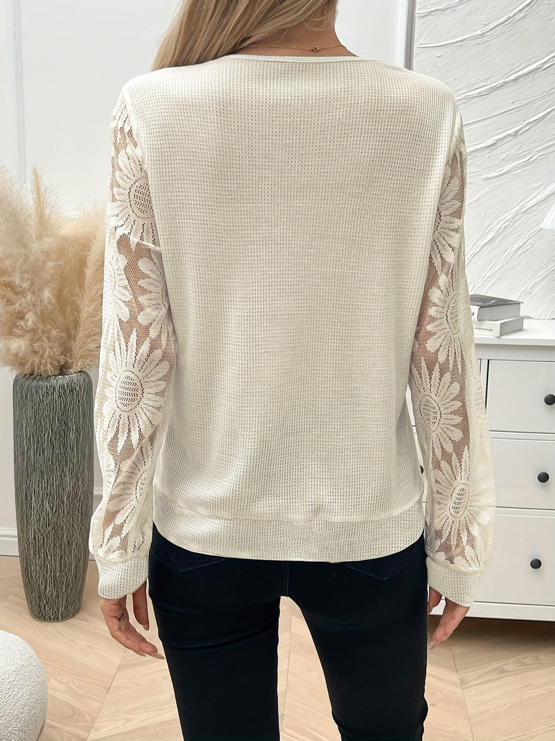 Women's Floral Lace V-Neck Knit Pullover - Lightweight Sweater with Crochet Details