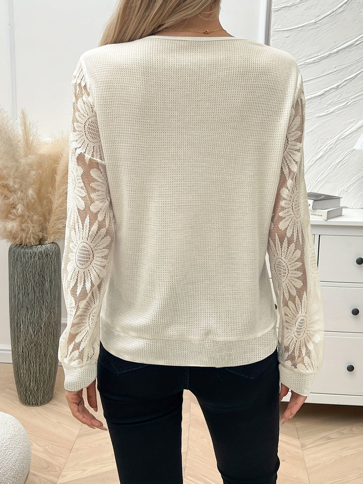 Women's Floral Lace V-Neck Knit Pullover - Lightweight Sweater with Crochet Details