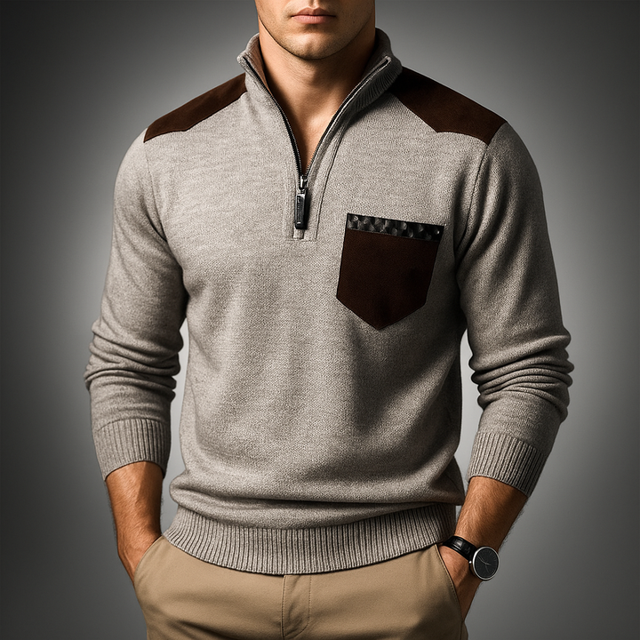 Men's Quarter-Zip Pullover with Contrast Details - High Collar and Modern Fit