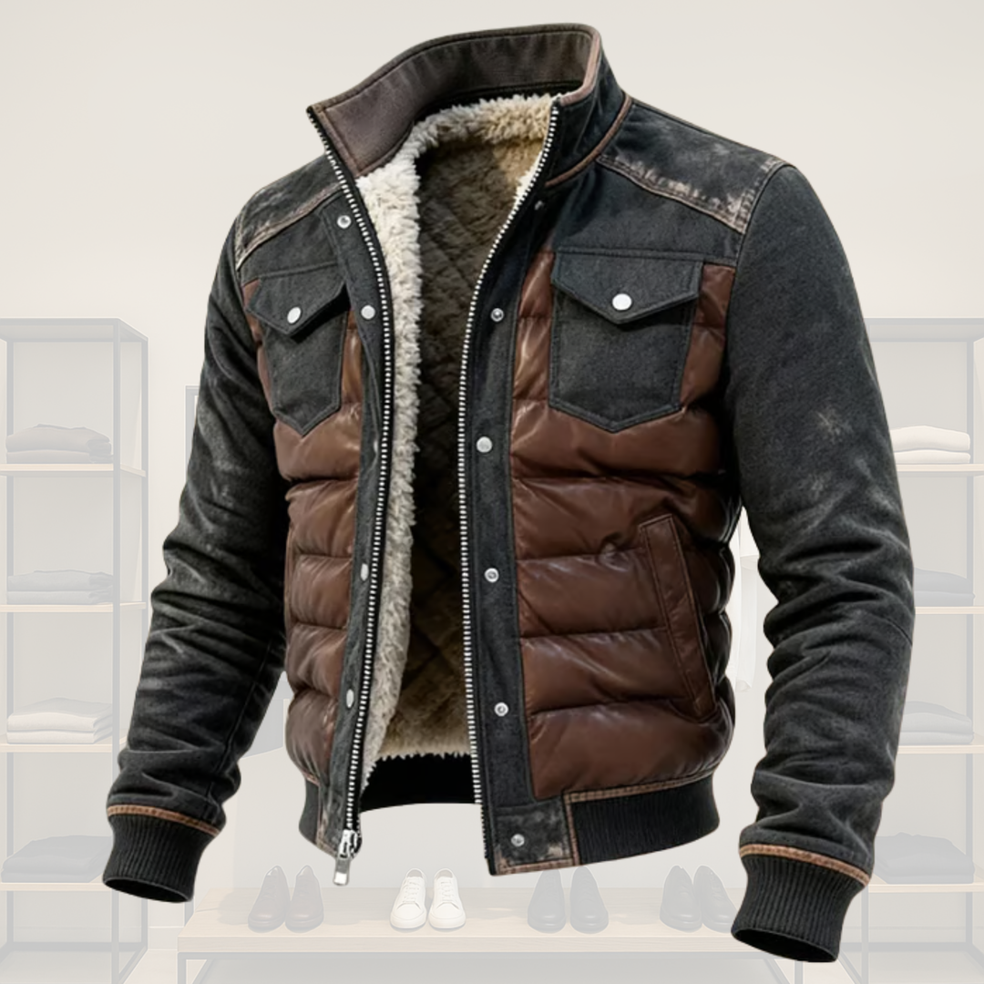Men's Hybrid Quilted Jacket with Denim Look - Structured Insulated Winter Jacket