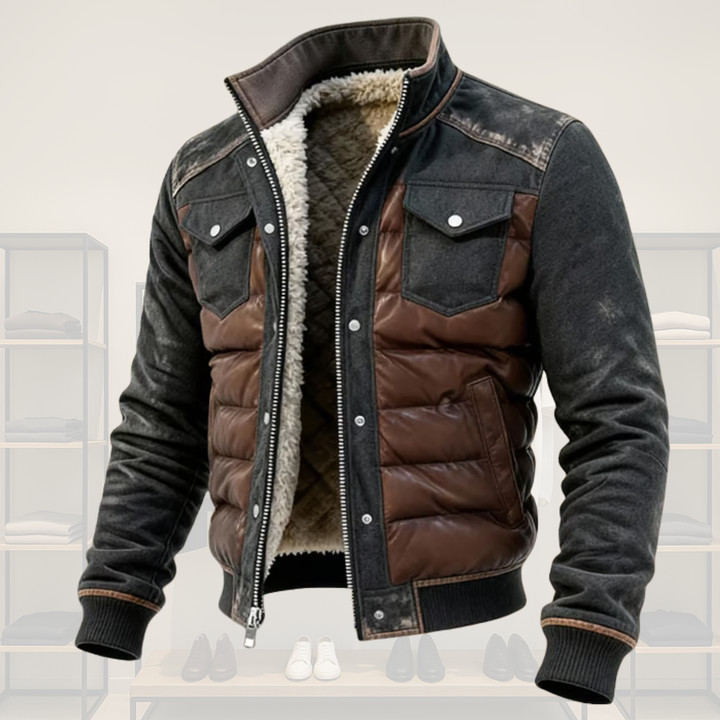 Men's Hybrid Quilted Jacket with Denim Look - Structured Insulated Winter Jacket