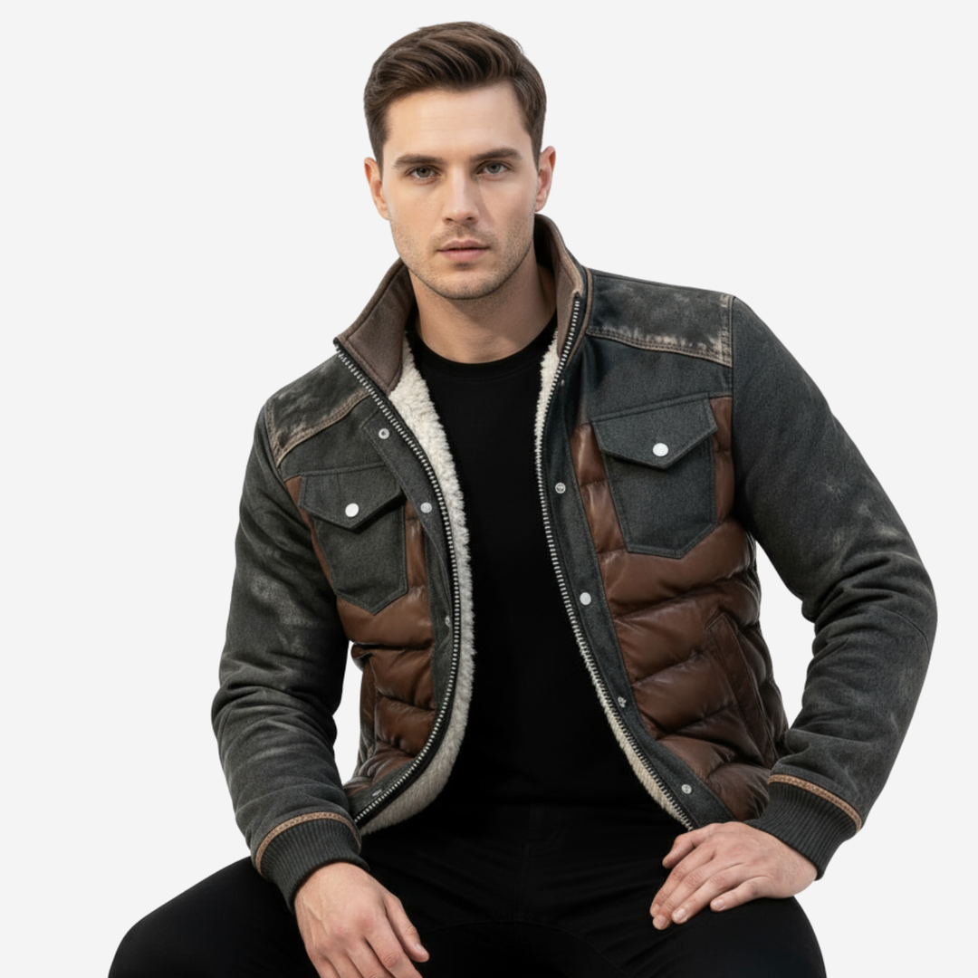 Men's Hybrid Quilted Jacket with Denim Look - Structured Insulated Winter Jacket